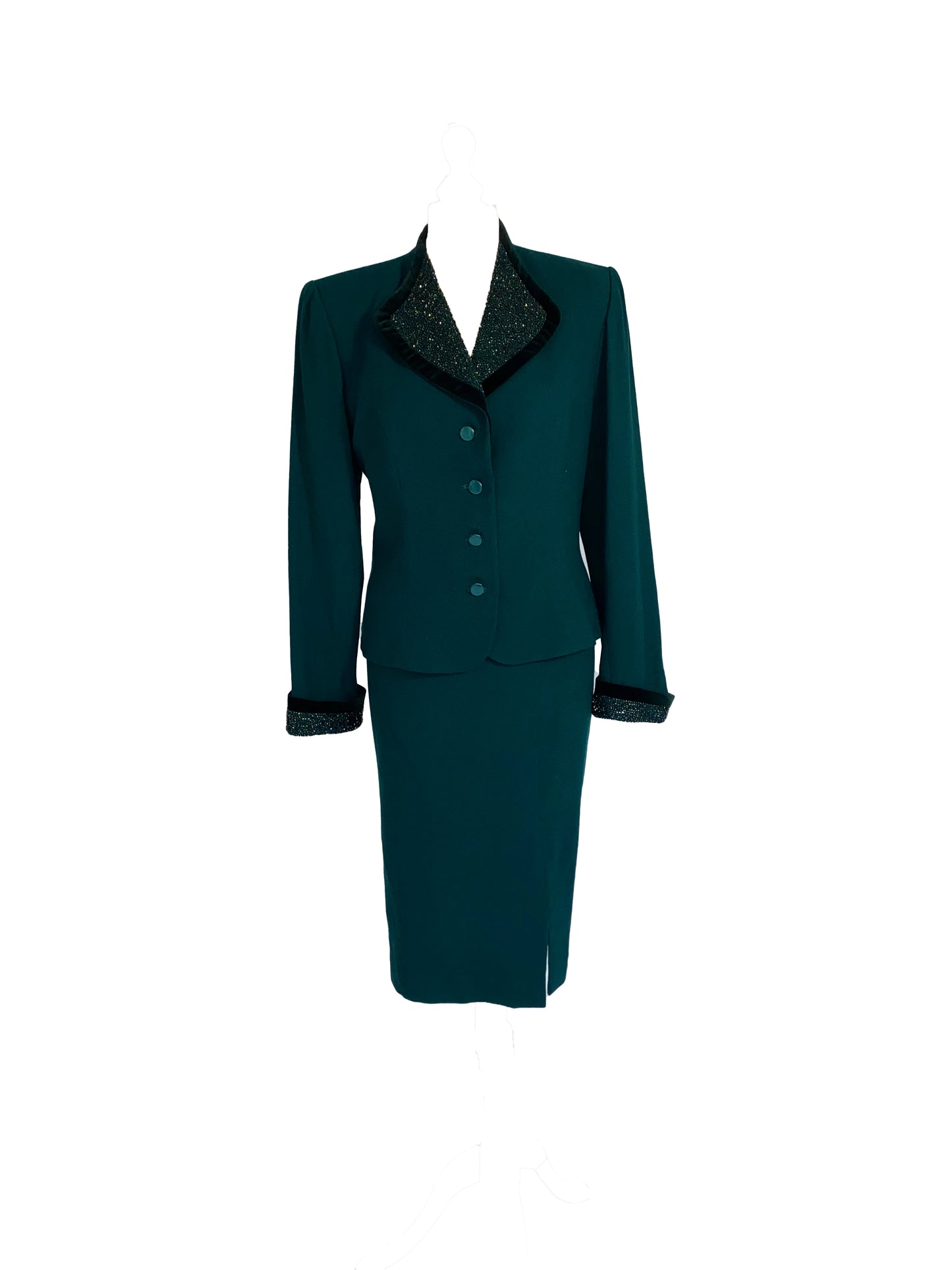 1940’s Green Wool Suit Sequinned Embossed Collar