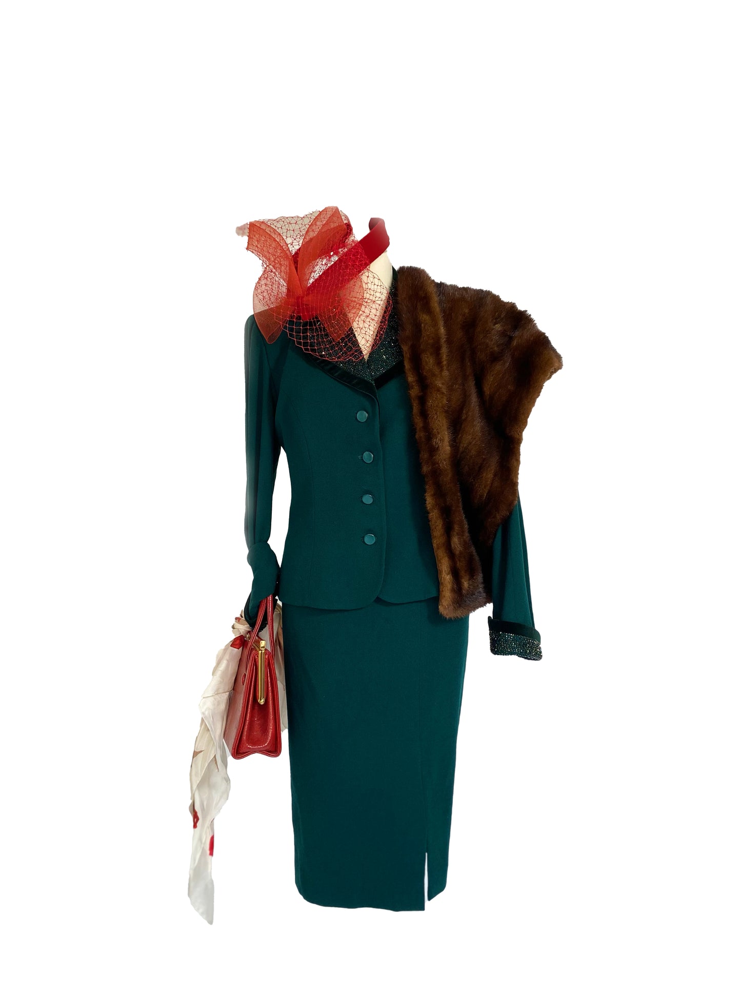 1940’s Green Wool Suit Sequinned Embossed Collar
