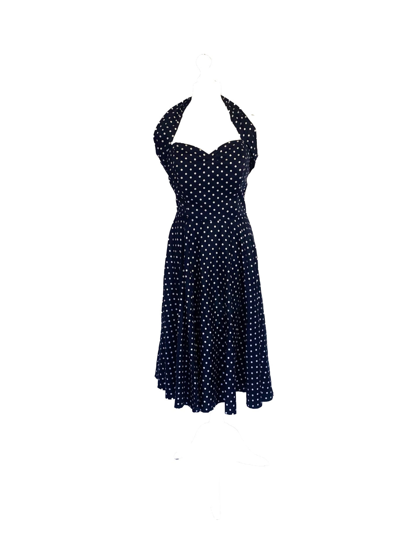 Vivian Holloway's 1950s-style polka dot halter-neck dress