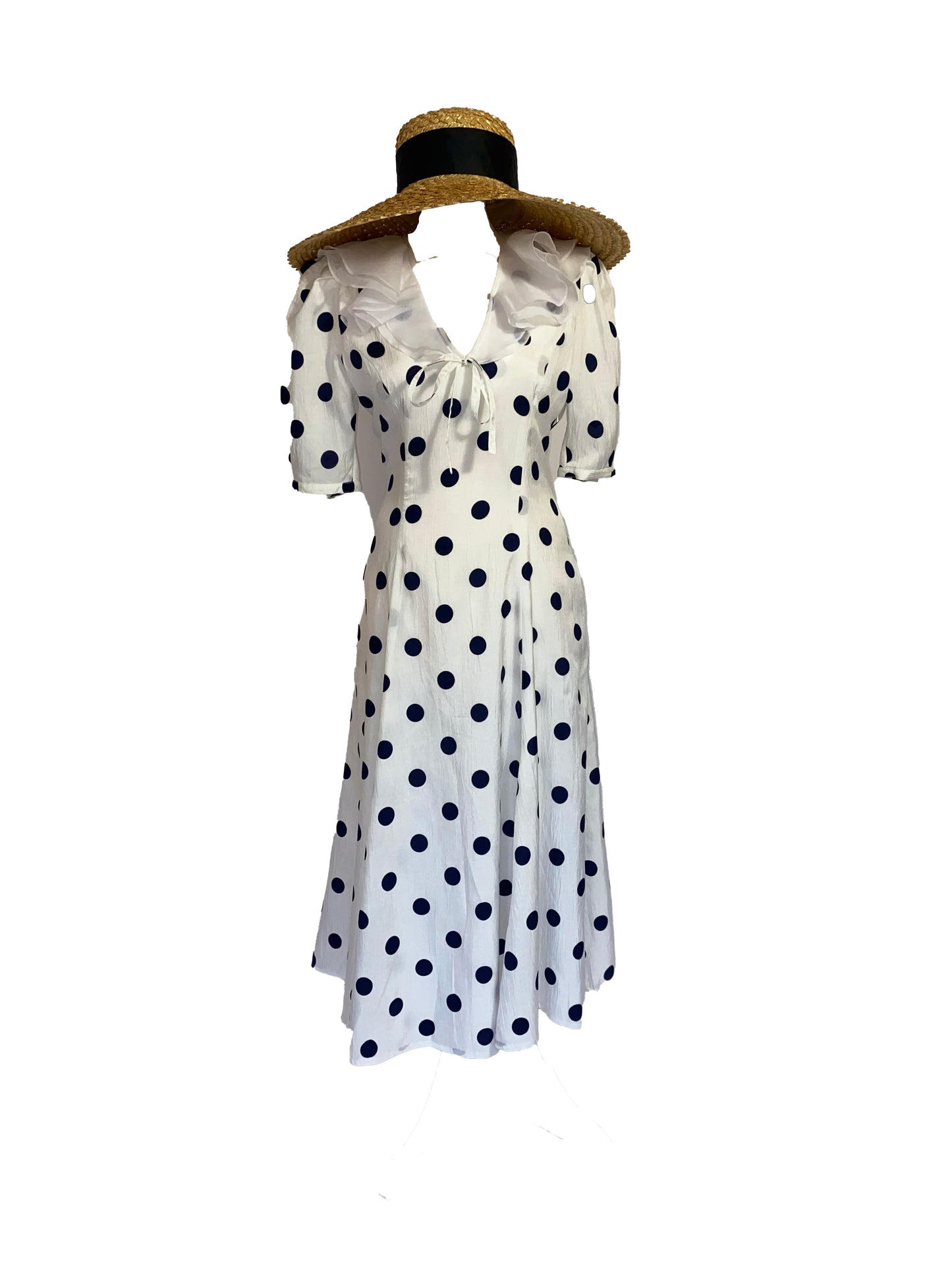 Vintage Paul Costello navy and white polka dot dress