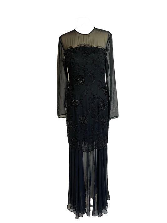 1930’s Black Beaded Evening Dress with Button fastening on back of dress